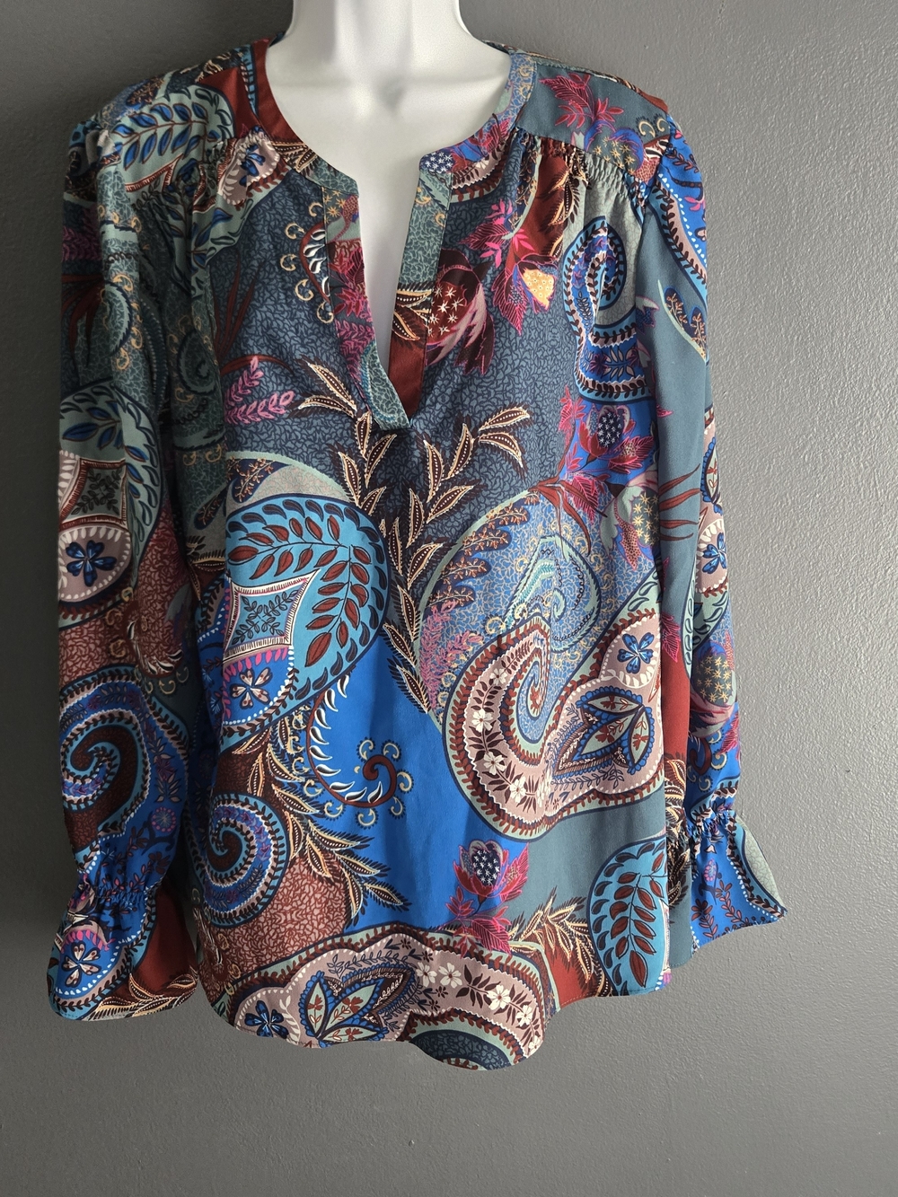 Zac & Rachel Split Neck Earthy Boho Chic Paisley Blouse L